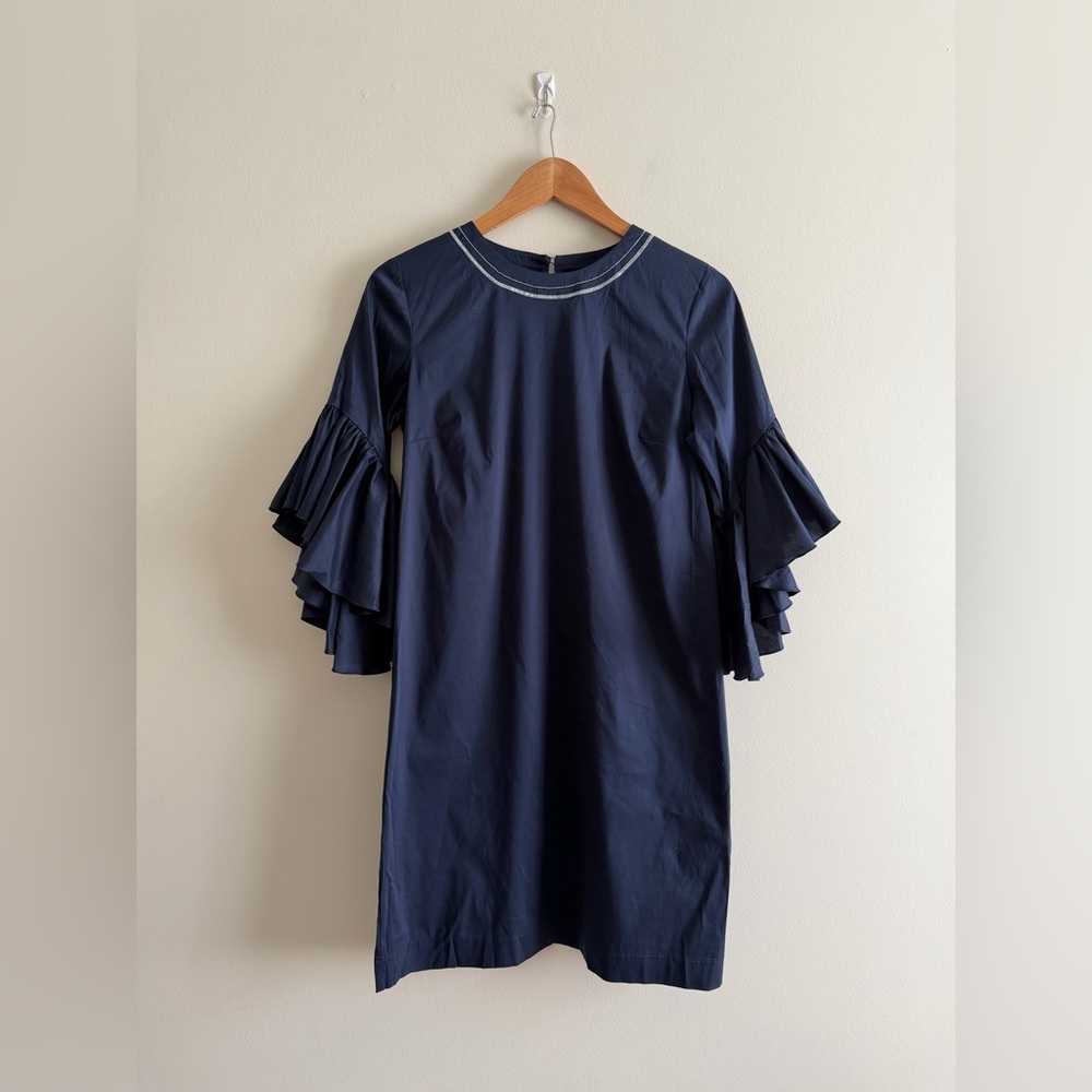 D. Exterior Italian Navy Ruffle Sleeve Shift Dress (Size M)